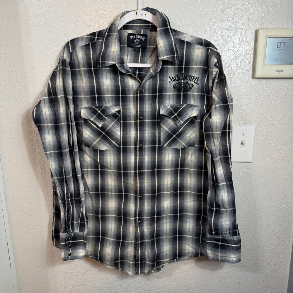 Jack Daniels Mens Plaid Pearl Snap Western Shirt Black Grey Old No 7 Large
